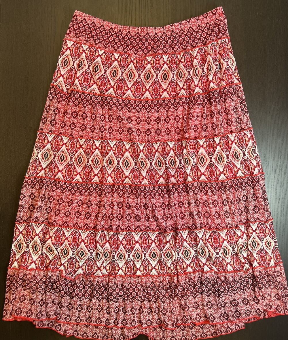 Dana Buchman Tiered Maxi Skirt Womens L Pink Red Geometric Boho Chiffon Lined